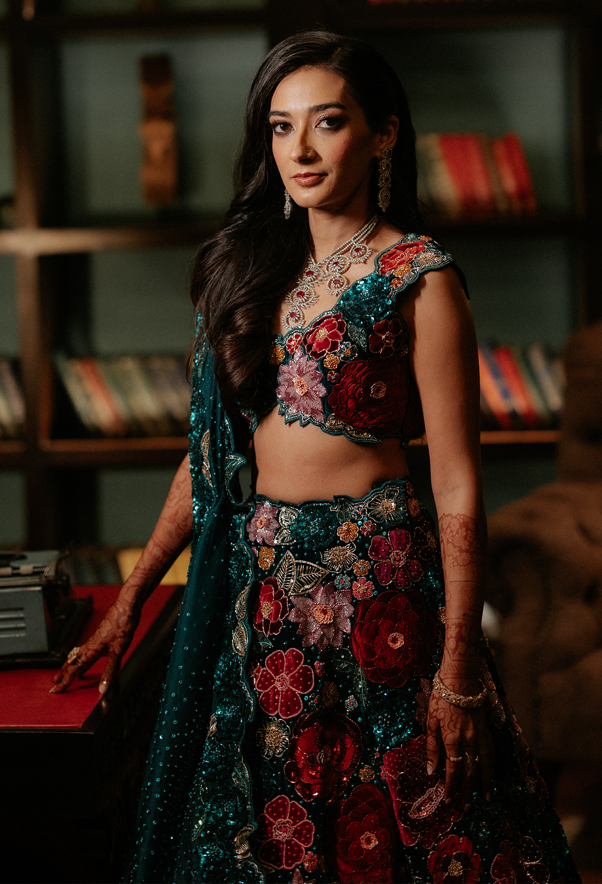 Teal Blue Velvet Lehenga with Rose Embroidery