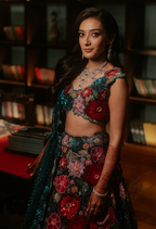 Teal Blue Velvet Lehenga with Rose Embroidery