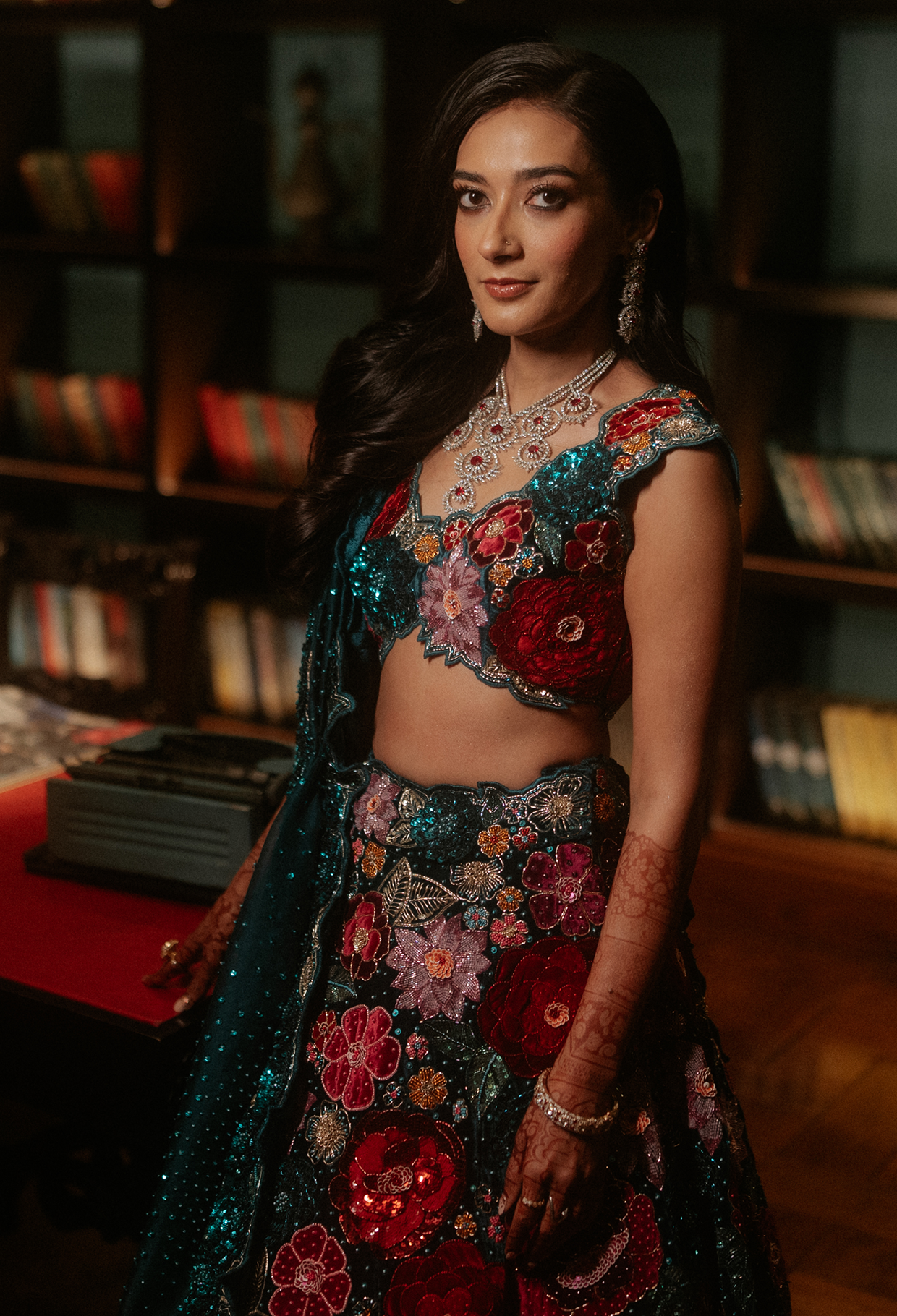 Teal Blue Velvet Lehenga with Rose Embroidery