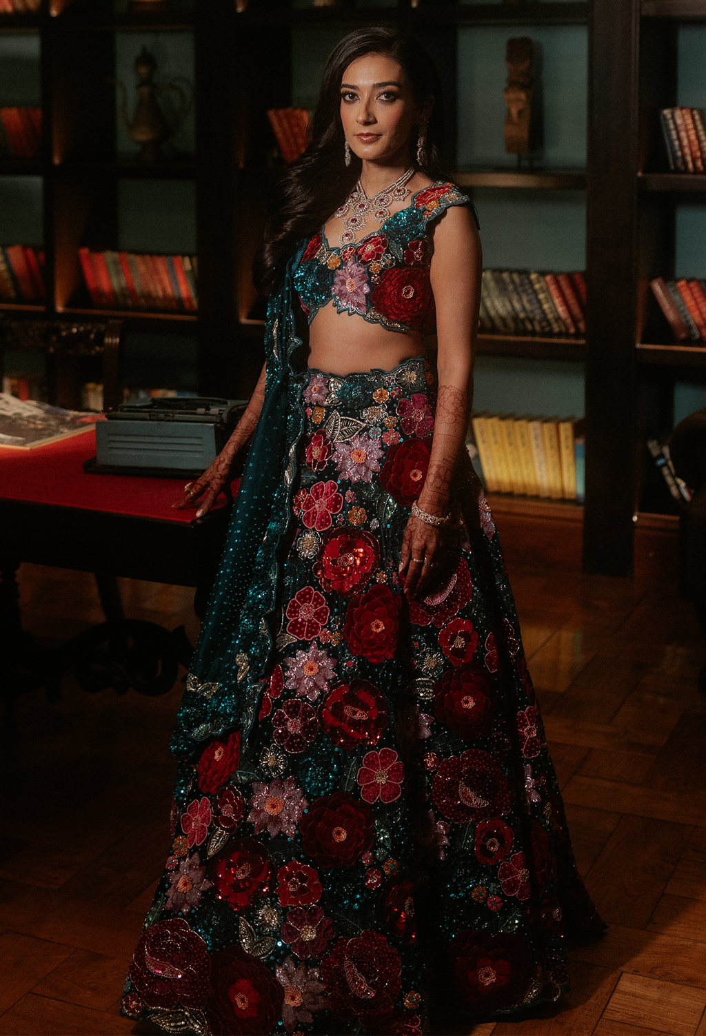 Teal Blue Velvet Lehenga with Rose Embroidery