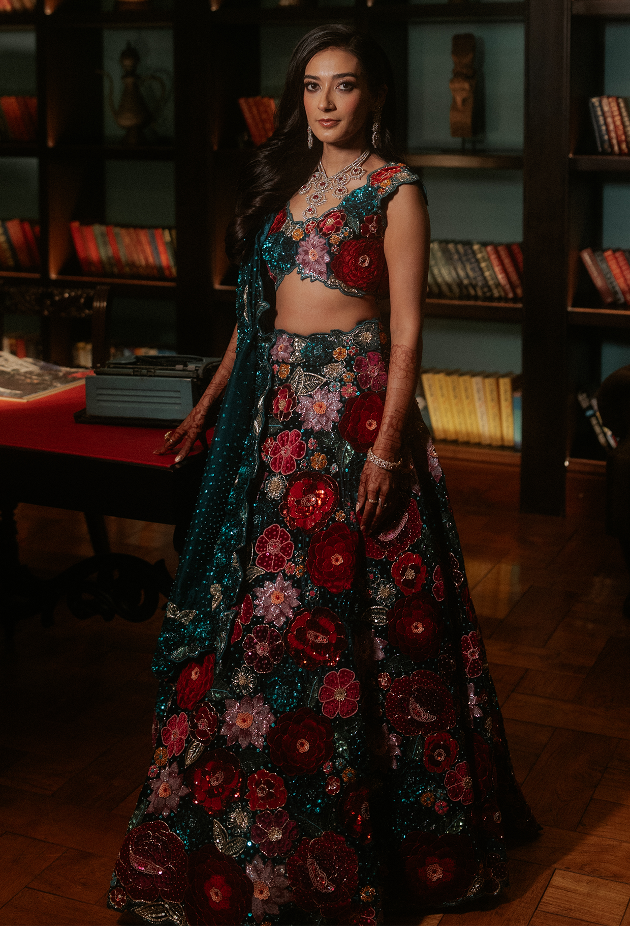 Teal Blue Velvet Lehenga with Rose Embroidery