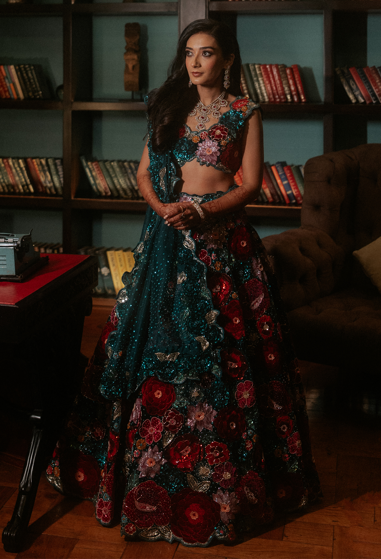 Teal Blue Velvet Lehenga with Rose Embroidery