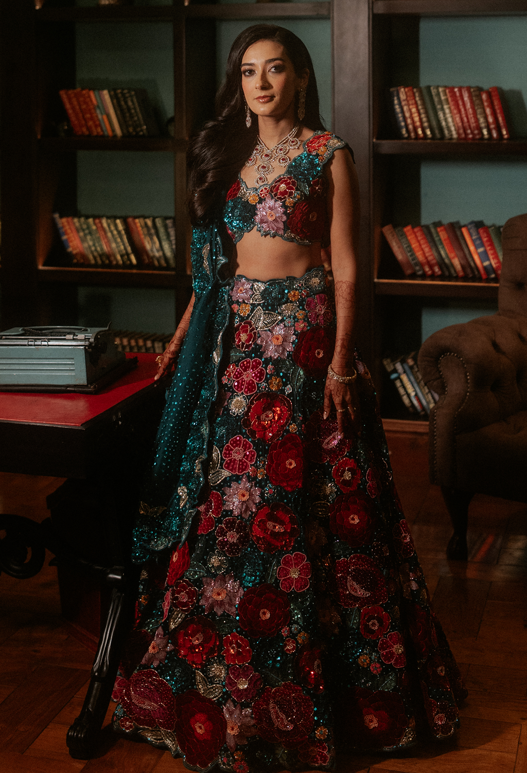 Teal Blue Velvet Lehenga with Rose Embroidery