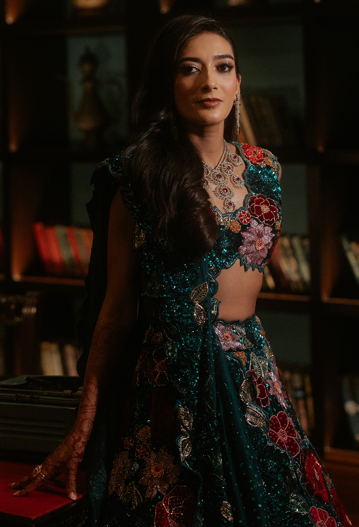 Teal Blue Velvet Lehenga with Rose Embroidery