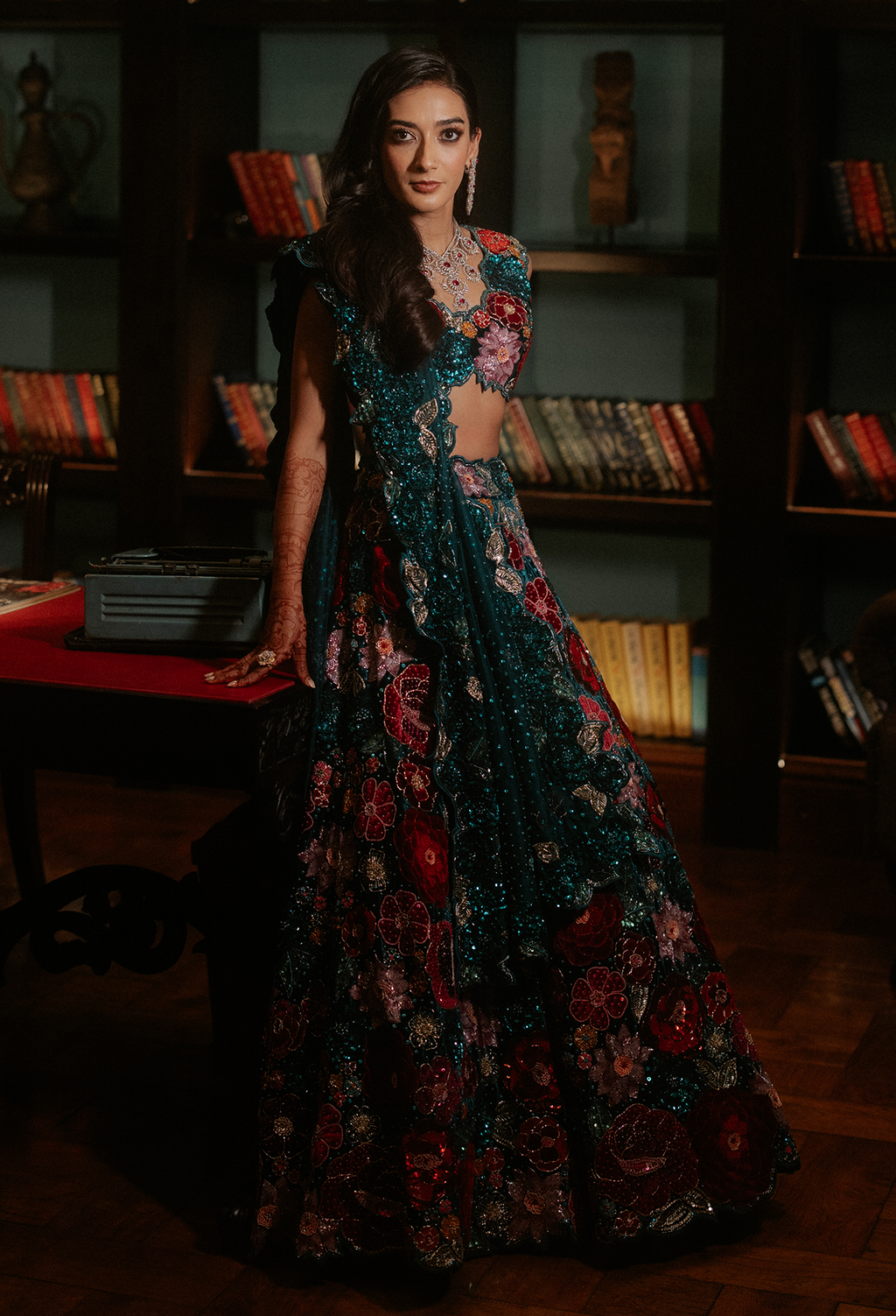 Teal Blue Velvet Lehenga with Rose Embroidery