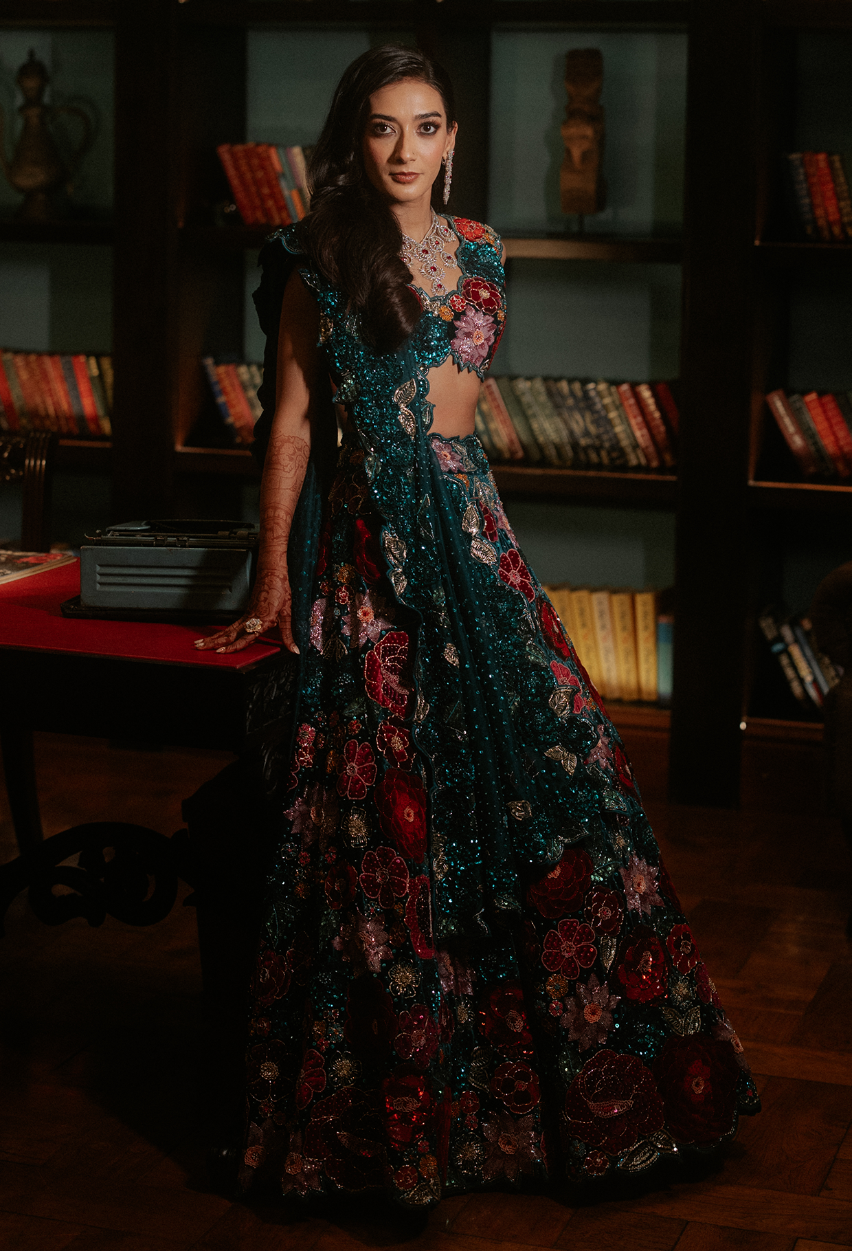 Teal Blue Velvet Lehenga with Rose Embroidery