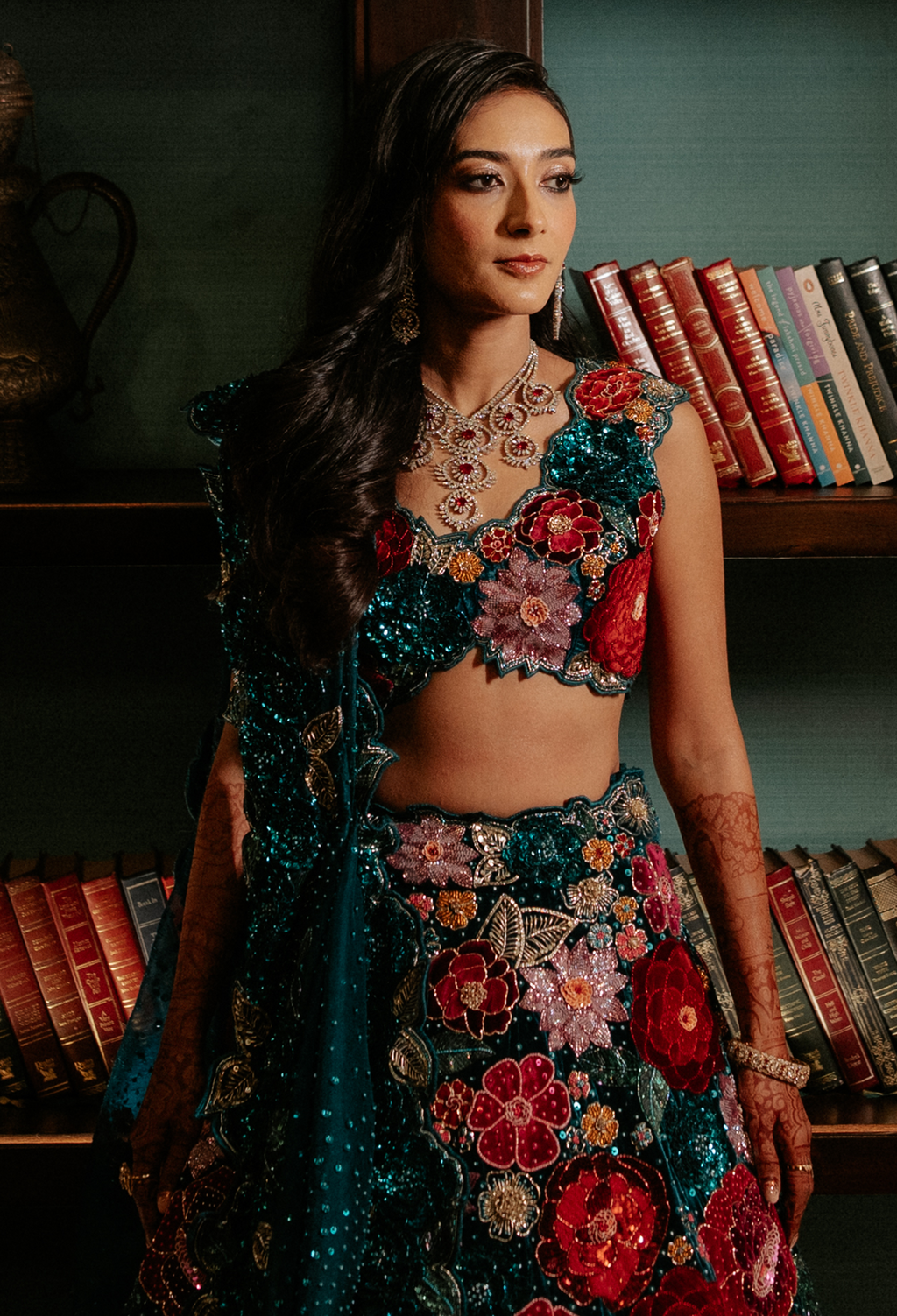 Teal Blue Velvet Lehenga with Rose Embroidery