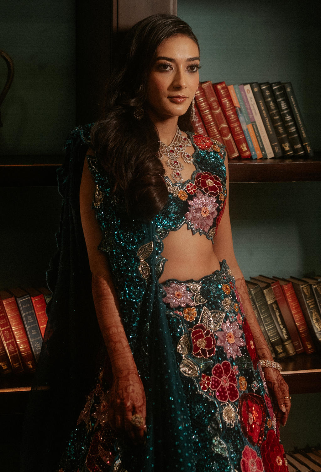 Teal Blue Velvet Lehenga with Rose Embroidery