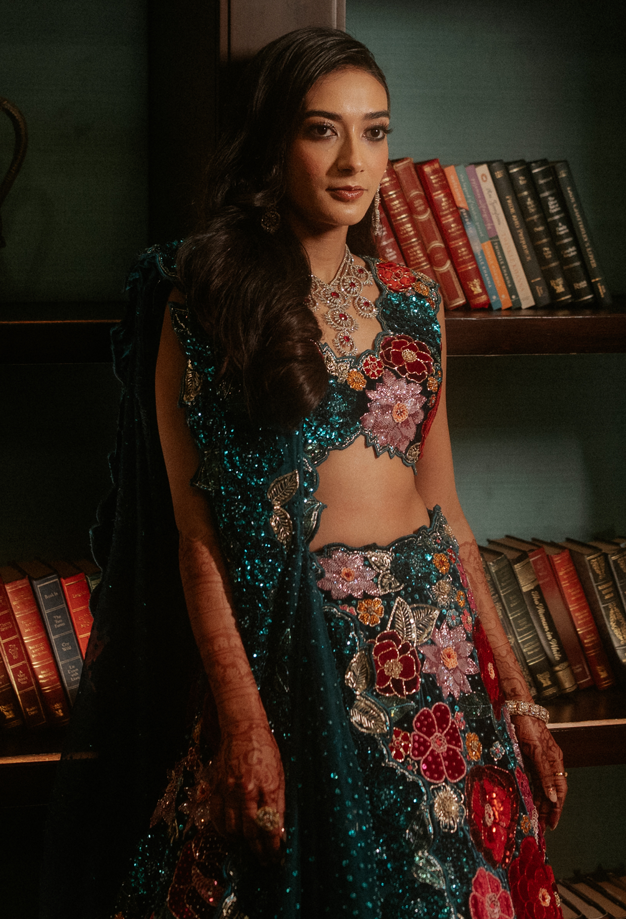 Teal Blue Velvet Lehenga with Rose Embroidery