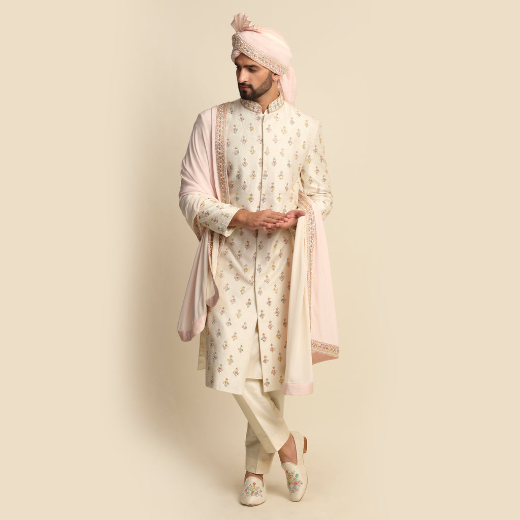 Cream Multicolored Embroidered Full Groom Attire