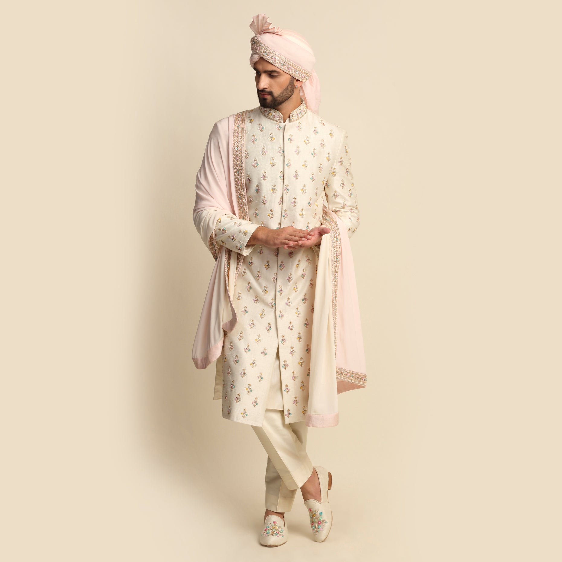 Cream Multicolored Embroidered Full Groom Attire