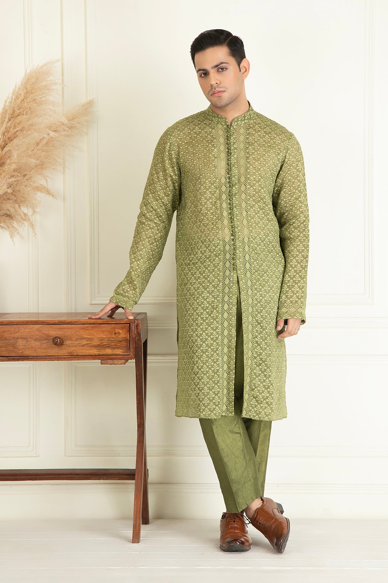 Olive Green Embroidered Sherwani Set