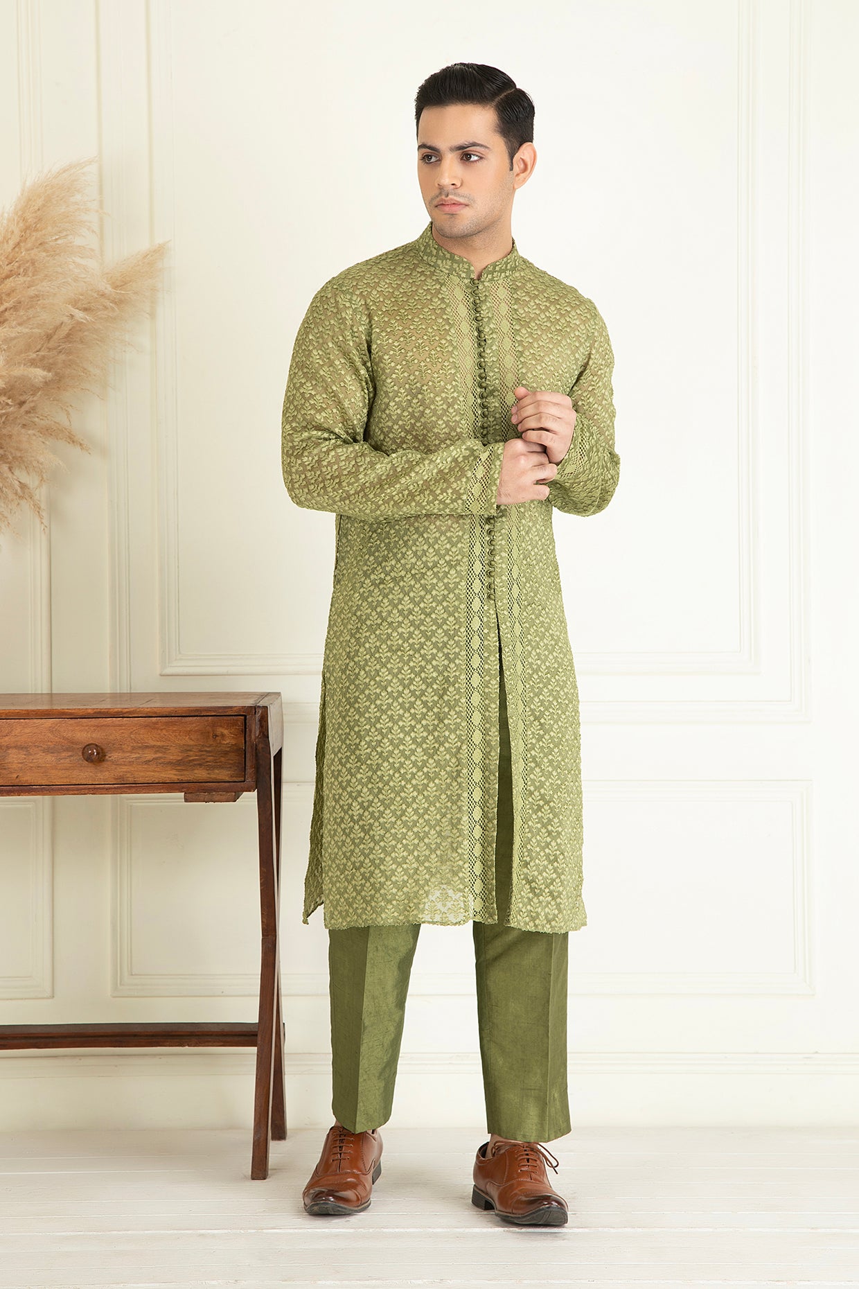 Lace-Enhanced Olive Green Kurta Set