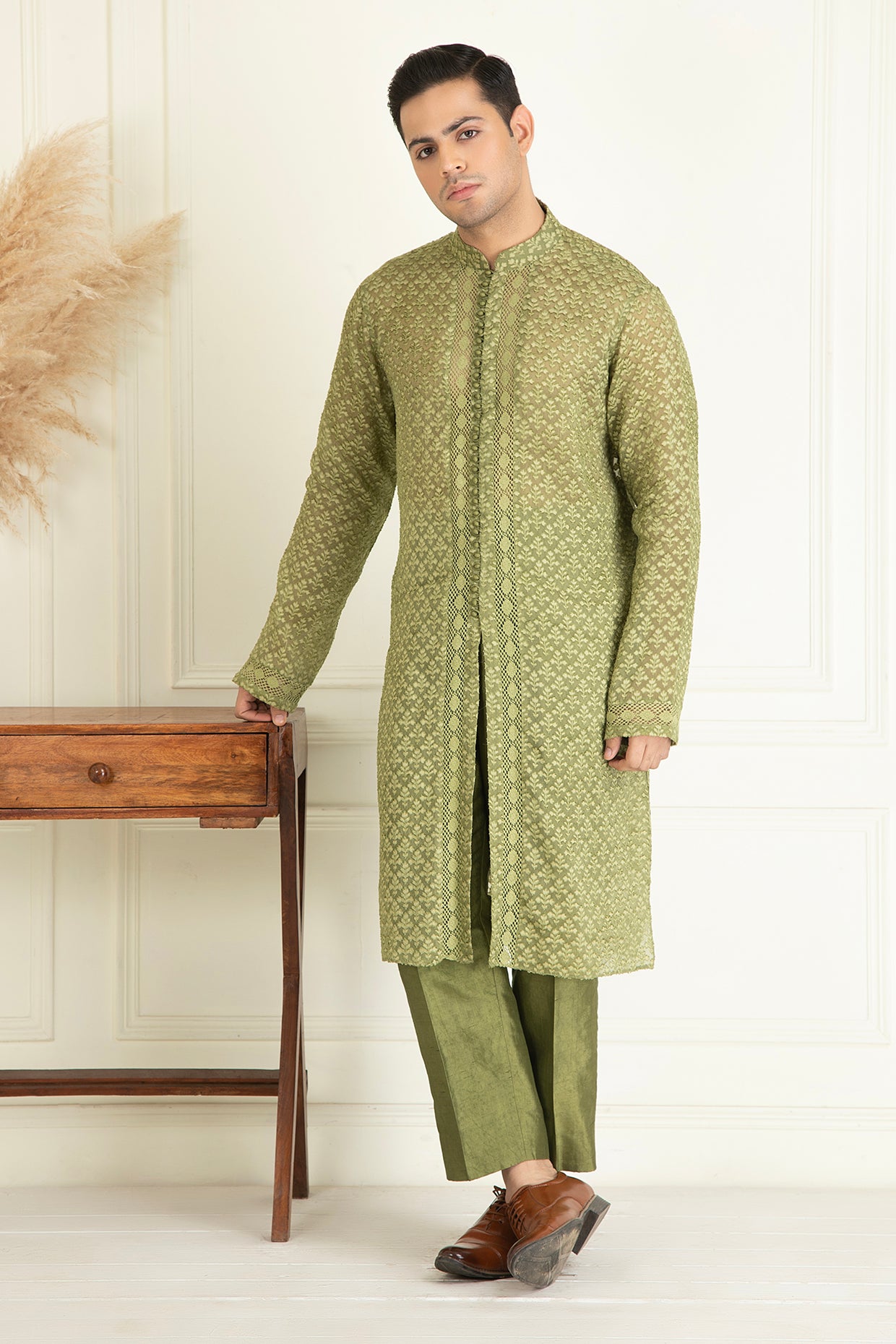 Lace-Enhanced Olive Green Kurta Set