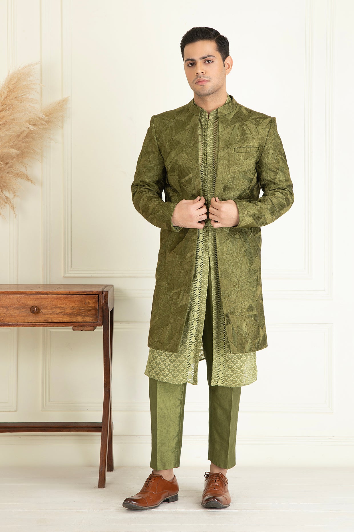 Olive Green Embroidered Sherwani Set