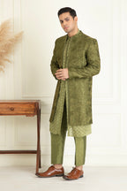 Olive Green Embroidered Sherwani Set