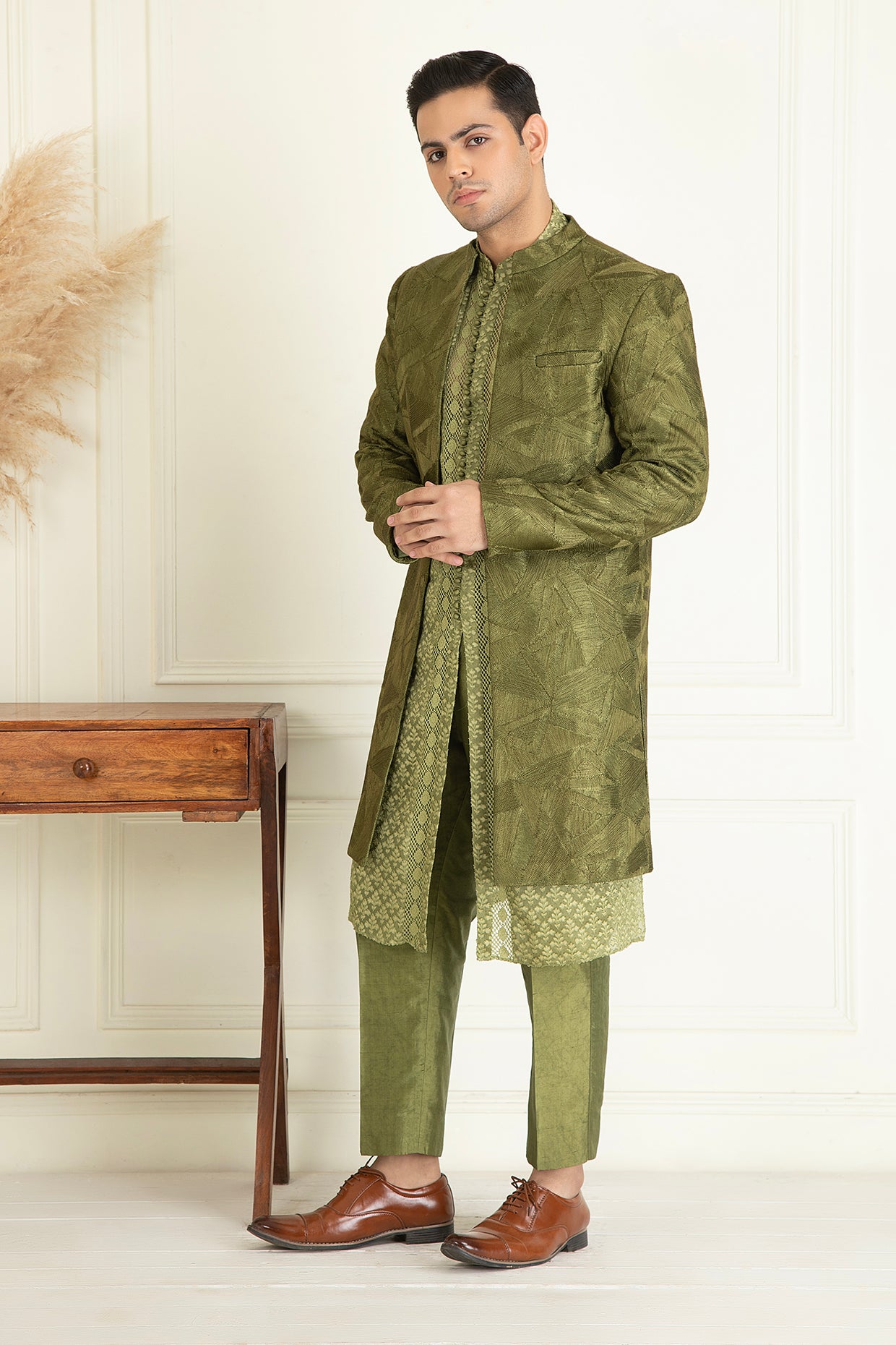 Olive Green Embroidered Sherwani Set