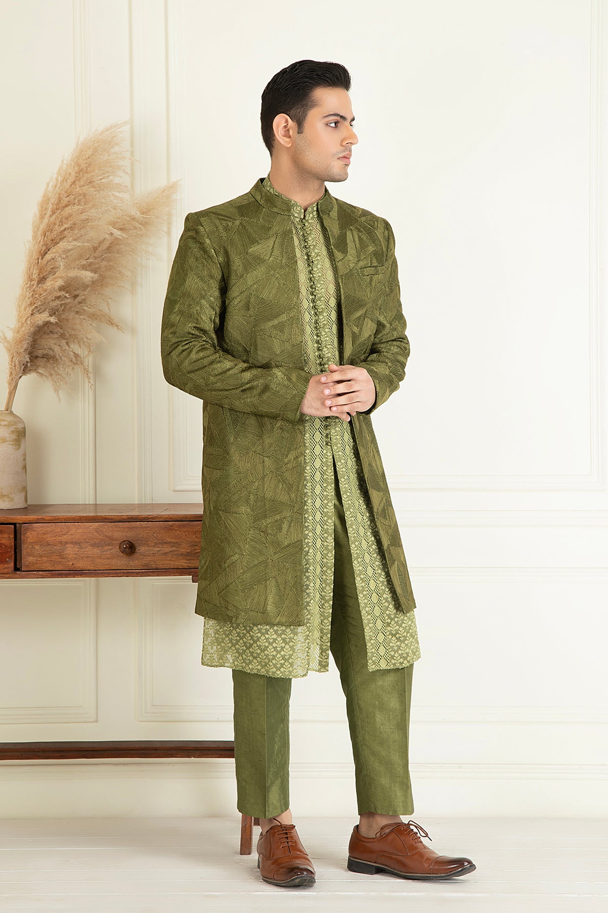 Olive Green Embroidered Sherwani Set