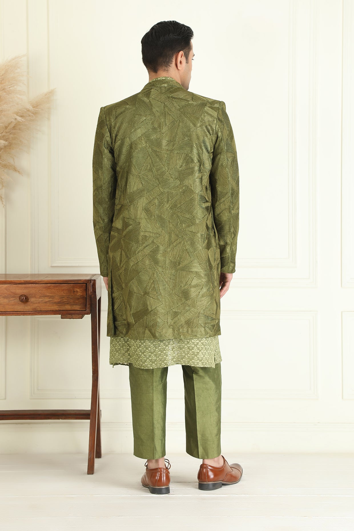 Olive Green Embroidered Sherwani Set