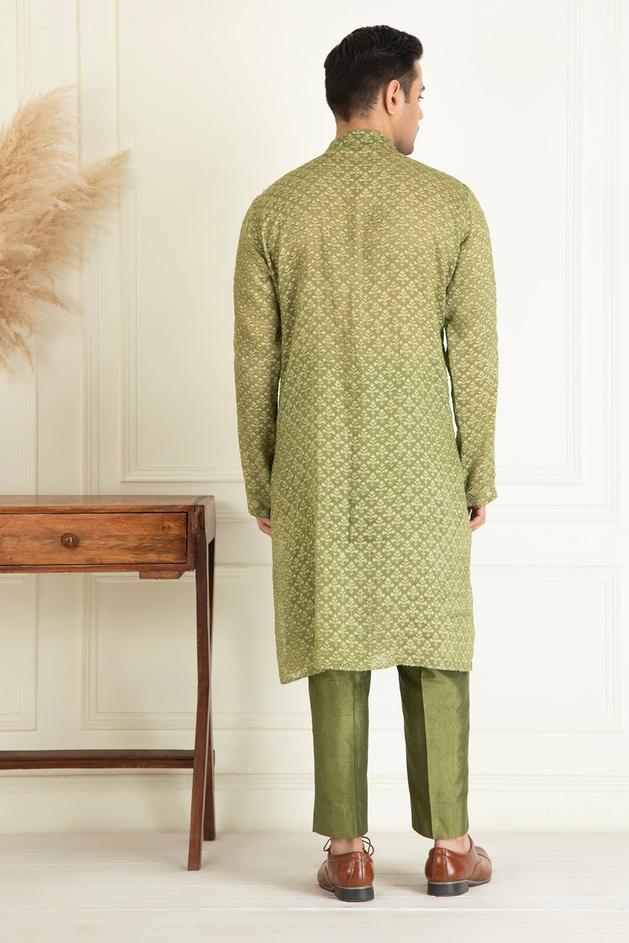 Olive Green Embroidered Sherwani Set