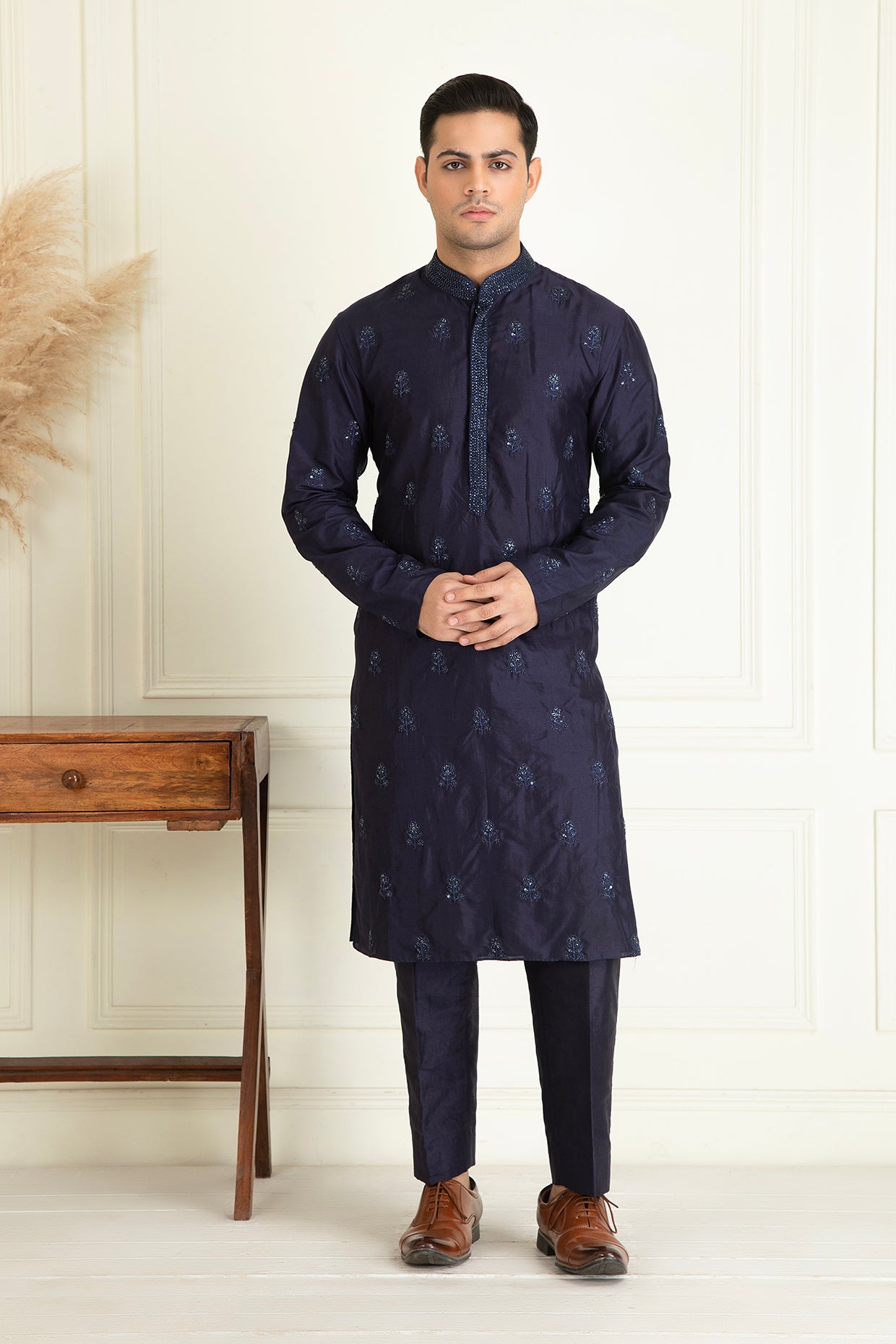 Midnight blue Silk embroidered Kurta set