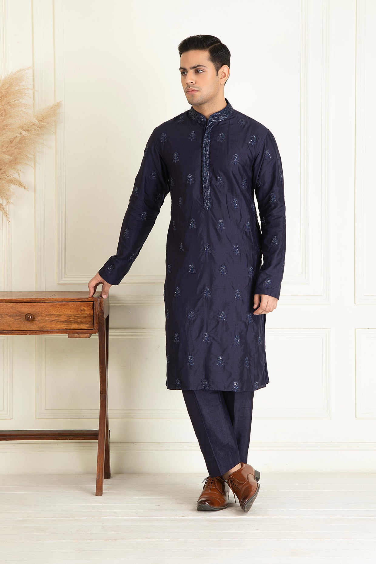 Midnight blue Silk embroidered Kurta set