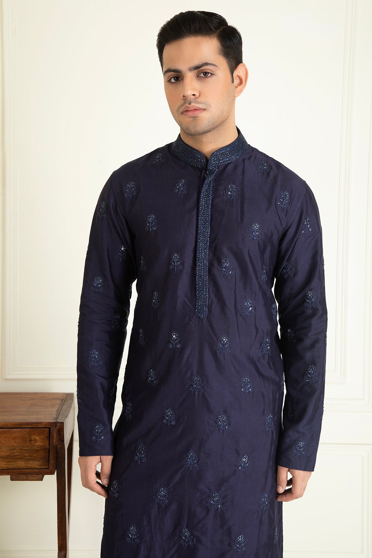 Midnight blue Silk embroidered Kurta set