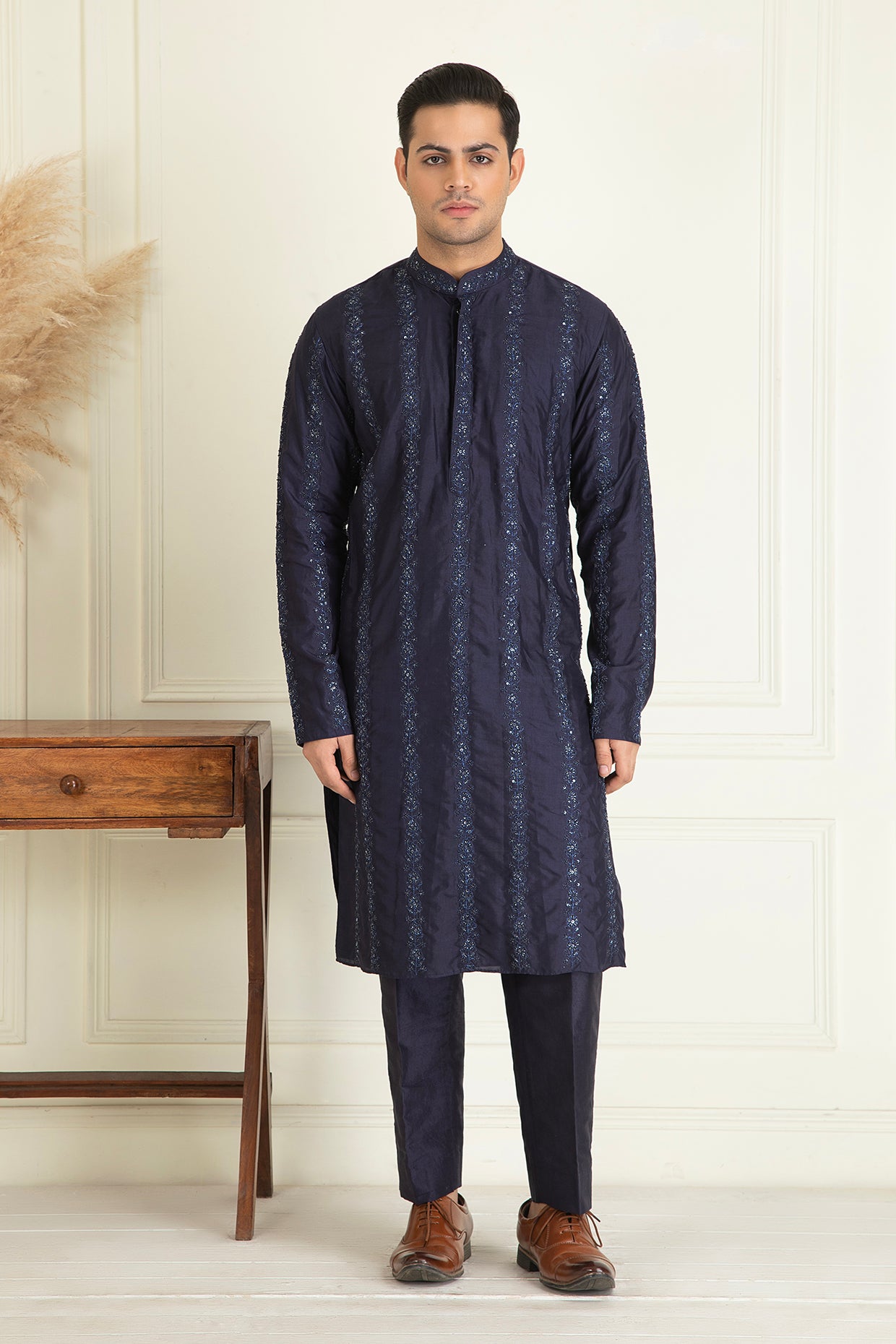 Midnight Blue Front Open Sherwani Set