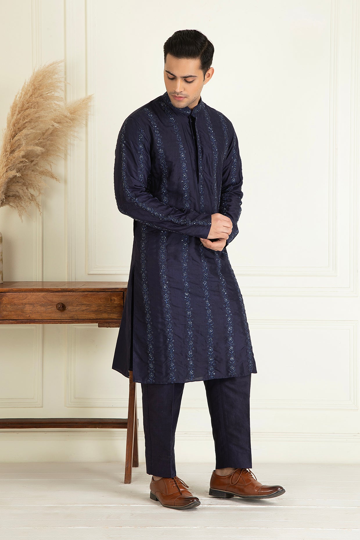 Midnight Blue Silk Embroidered Kurta Set
