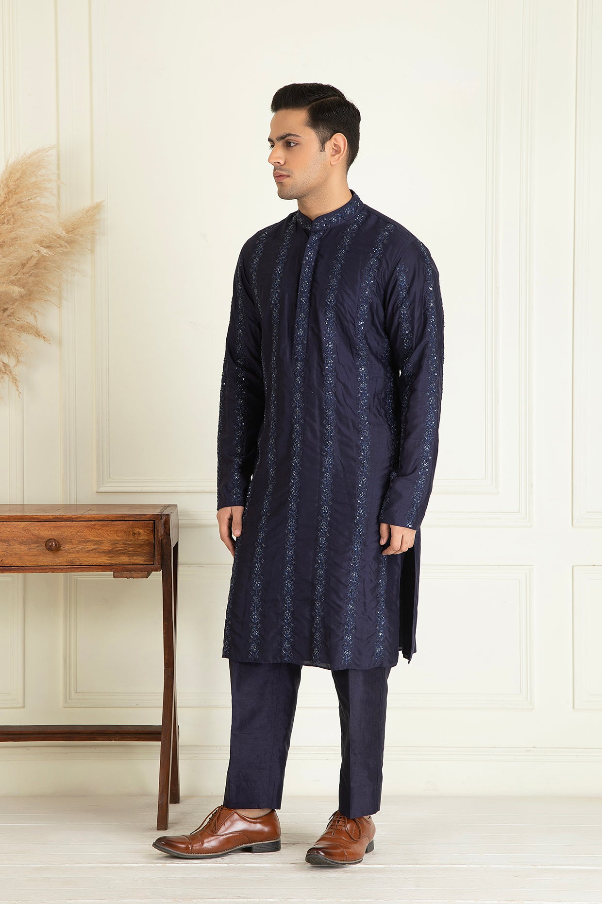 Midnight Blue Silk Embroidered Kurta Set