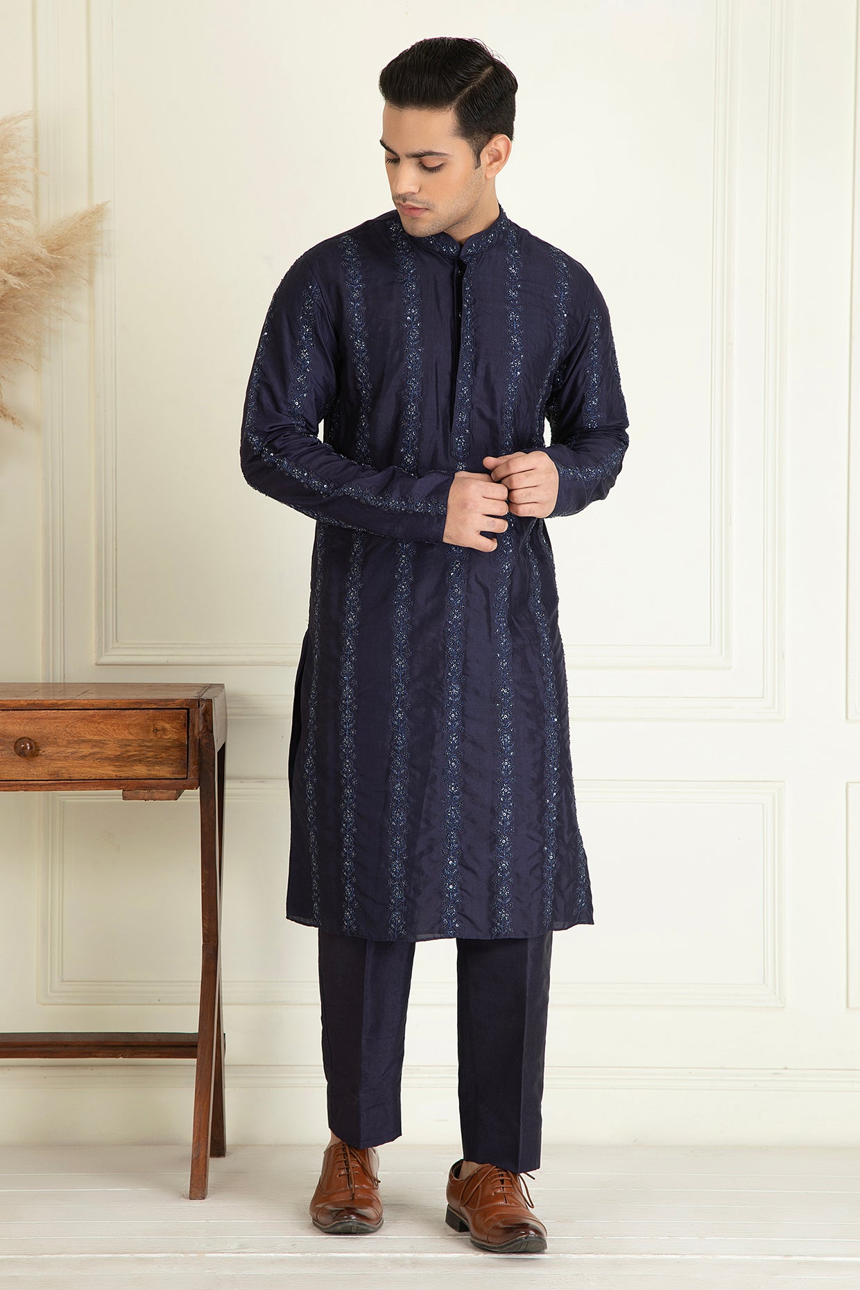 Midnight Blue Silk Embroidered Kurta Set