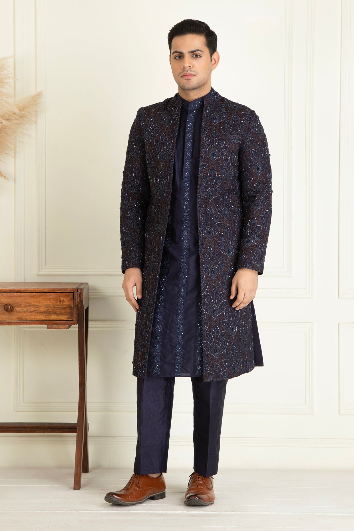 Midnight Blue Front Open Sherwani Set