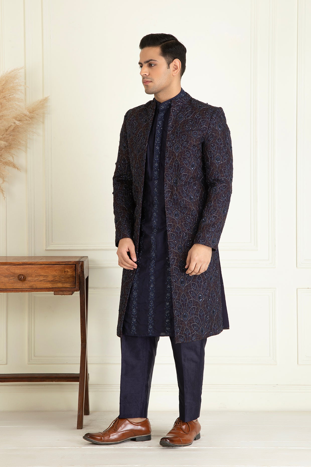 Midnight Blue Front Open Sherwani Set