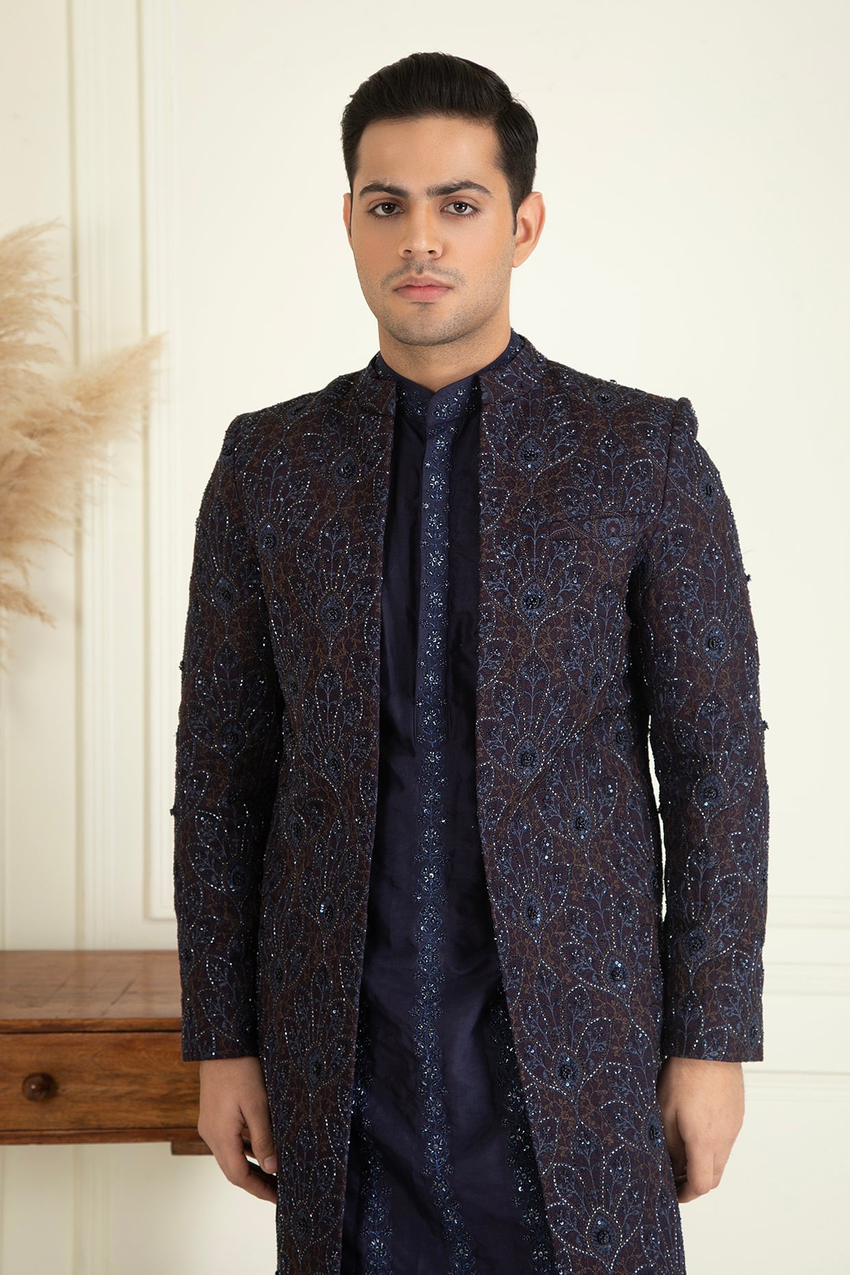 Midnight Blue Front Open Sherwani Set