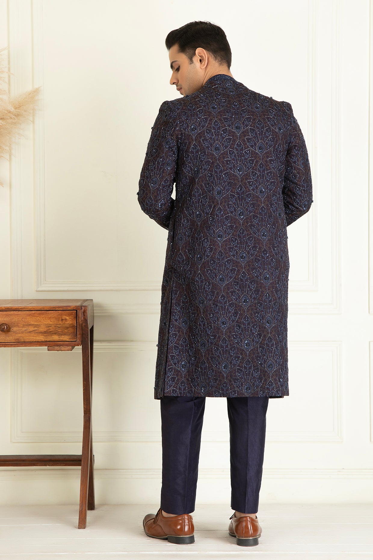 Midnight Blue Front Open Sherwani Set