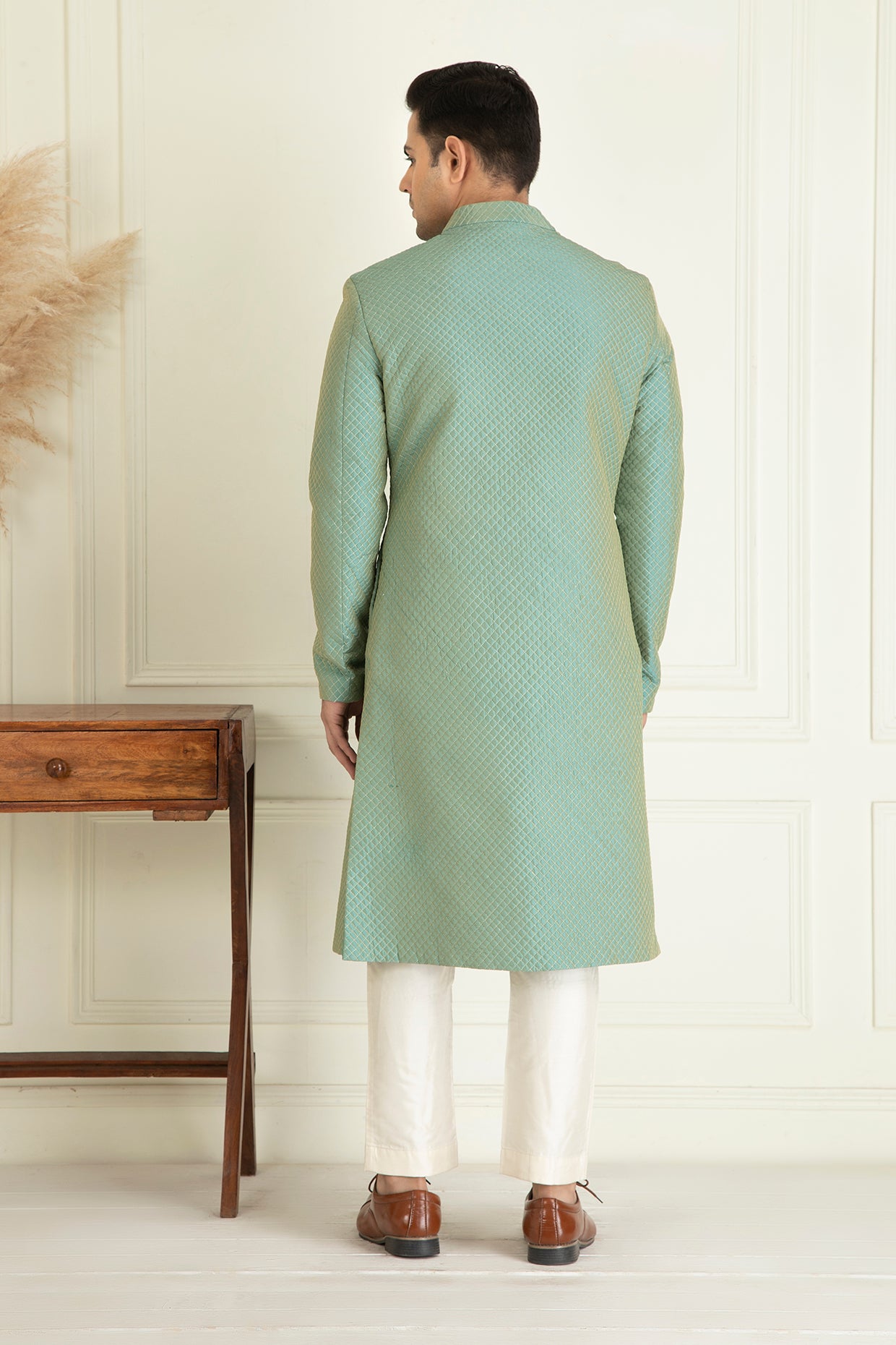Turquoise Green Embroidered Sherwani Set