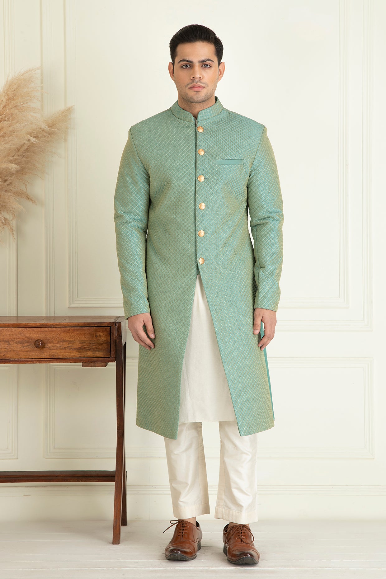 Turquoise Green Embroidered Sherwani Set