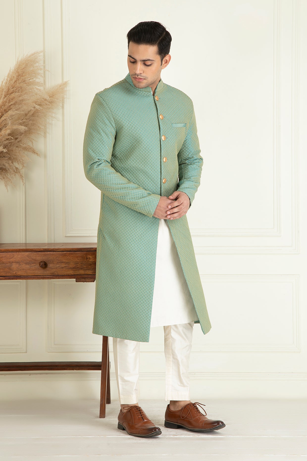 Turquoise Green Embroidered Sherwani Set