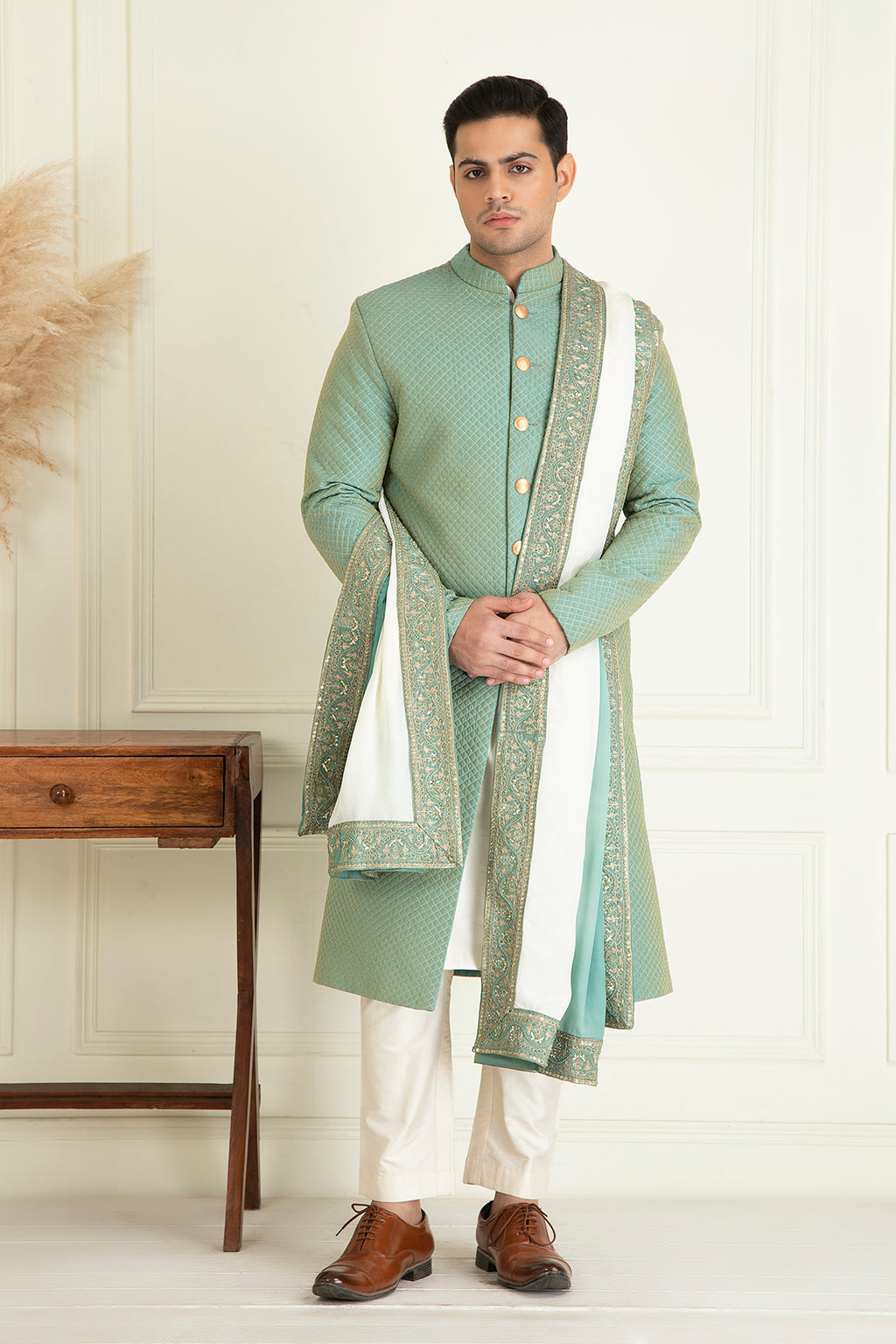 Turquoise Green Embroidered Sherwani Set