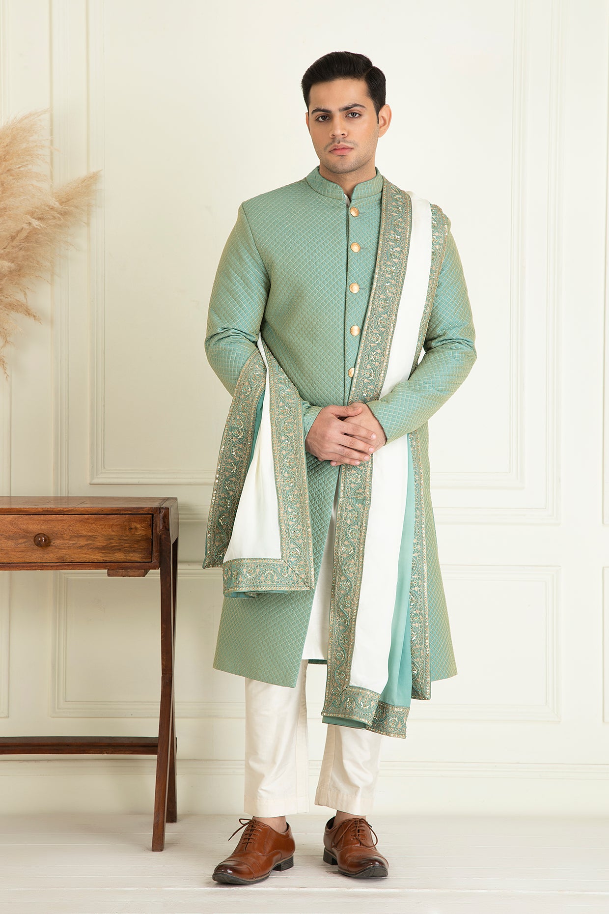 Turquoise Green Embroidered Sherwani Set