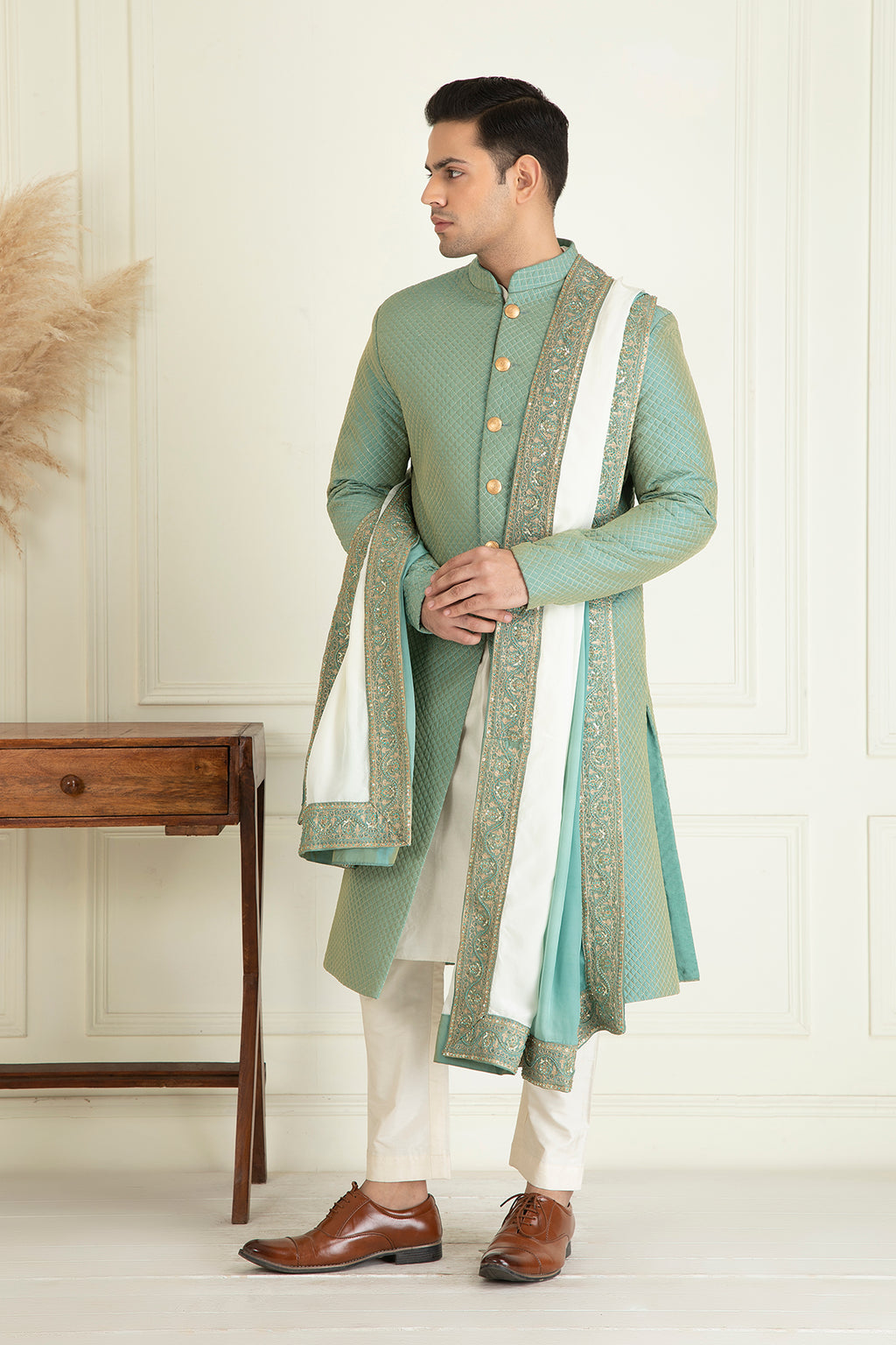 Turquoise Green Embroidered Sherwani Set