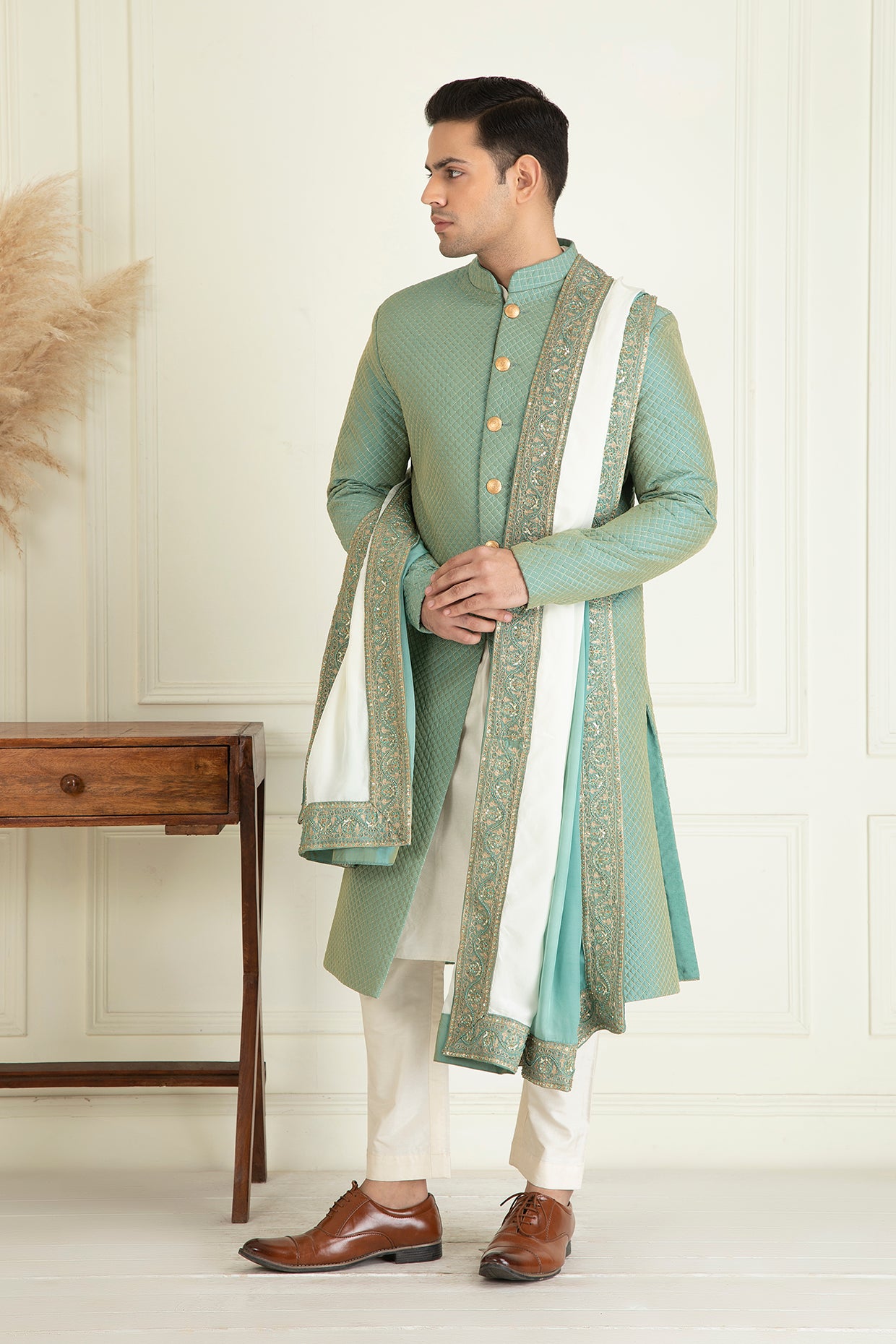 Turquoise Green Embroidered Sherwani Set