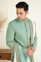 Turquoise Green Embroidered Sherwani Set