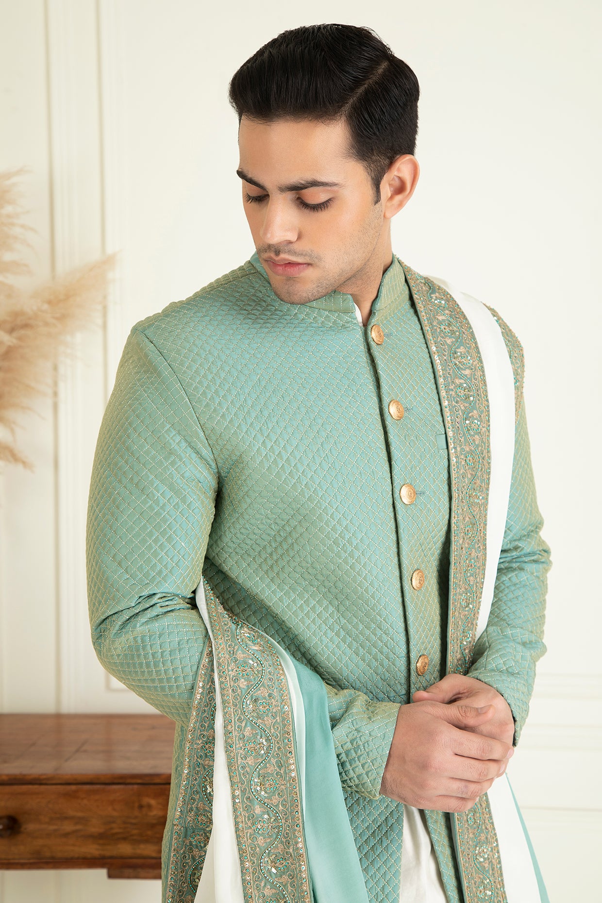 Turquoise Green Embroidered Sherwani Set