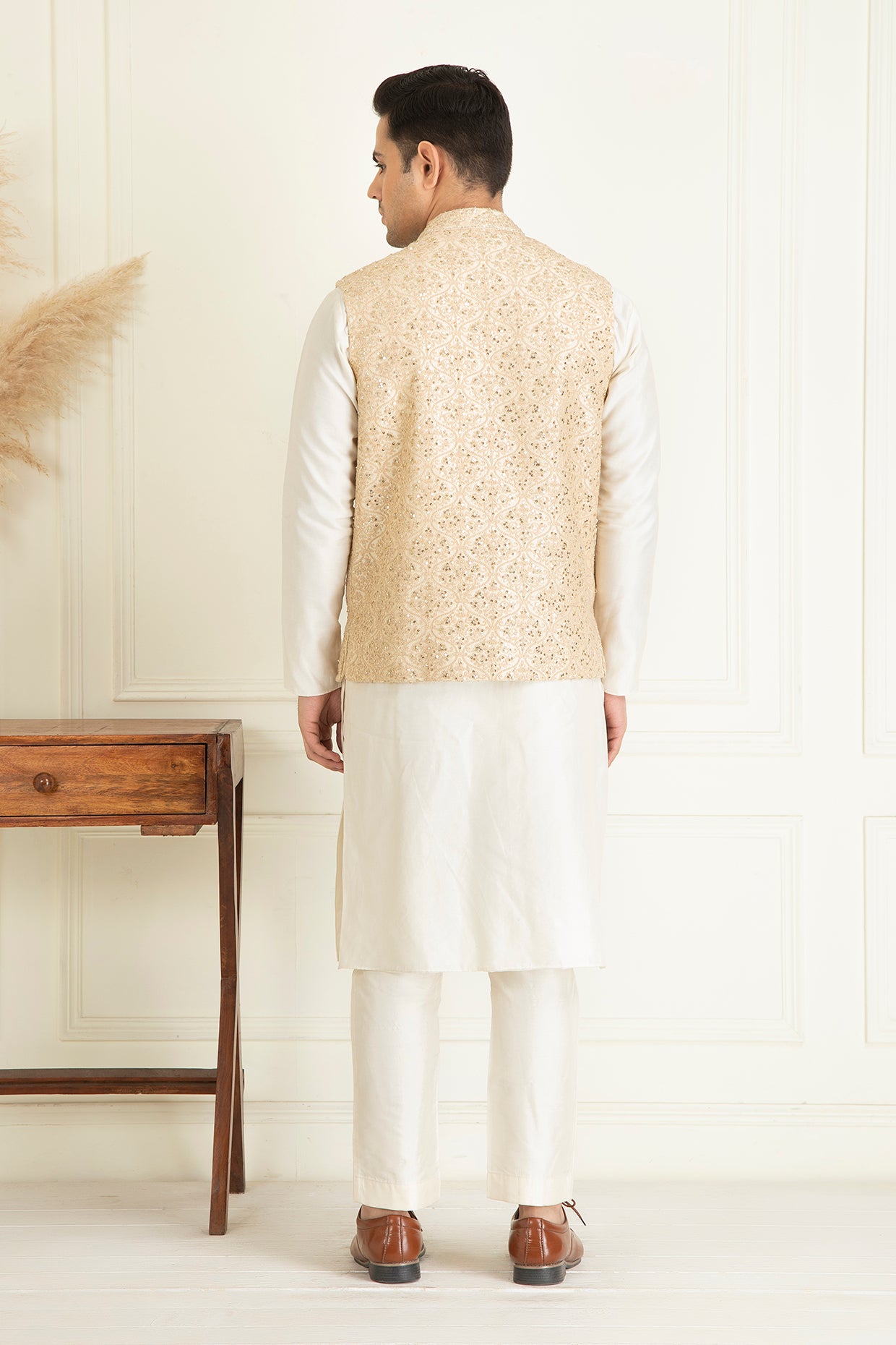 Beige Embroidered Jacket Set