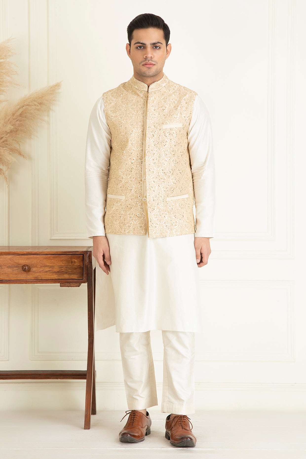Beige Embroidered Jacket Set