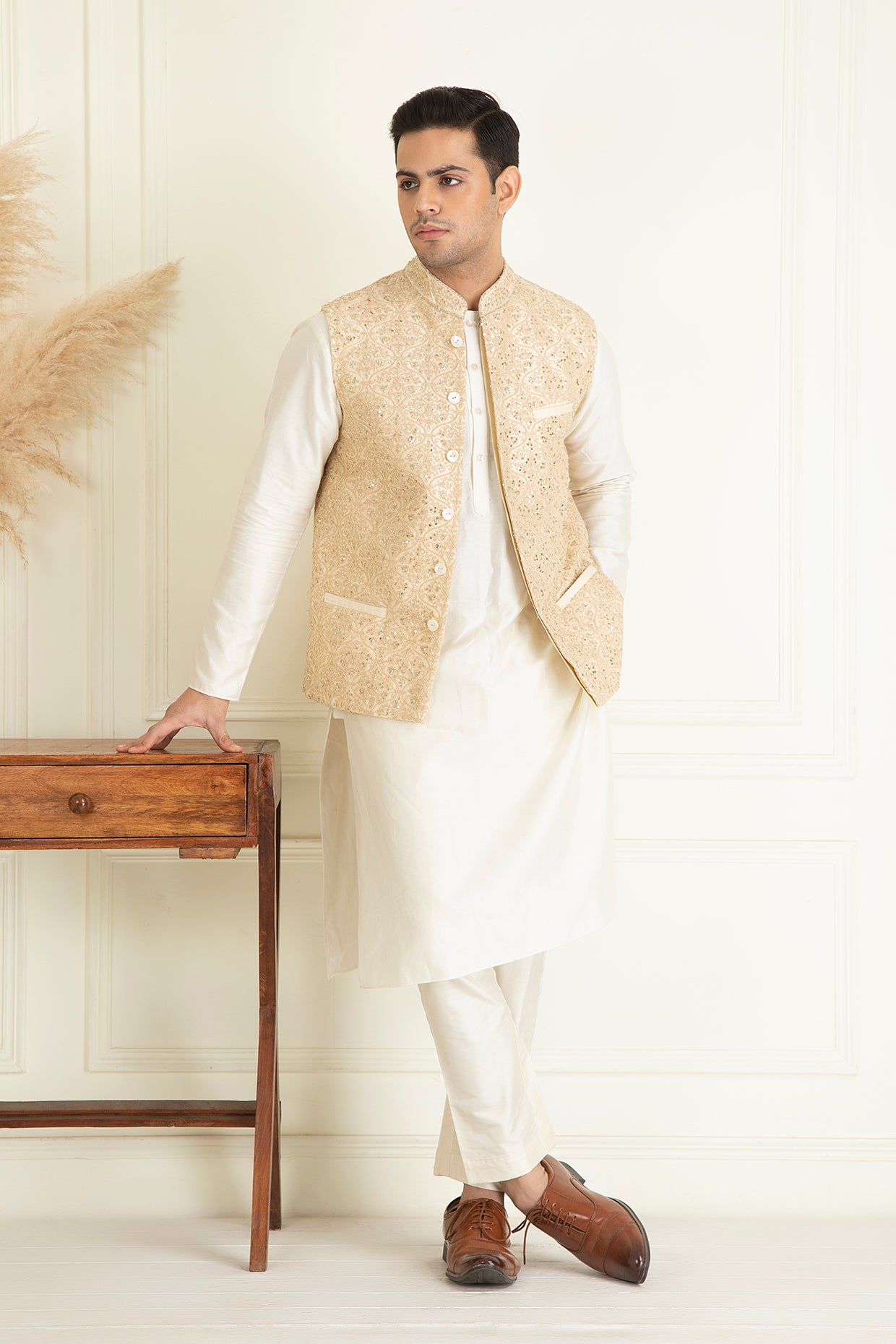 Beige Embroidered Jacket Set