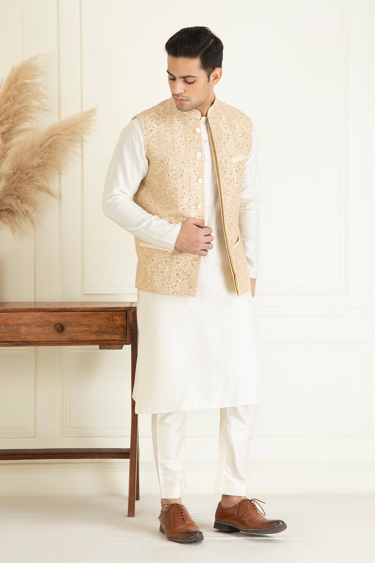 Beige Embroidered Jacket Set