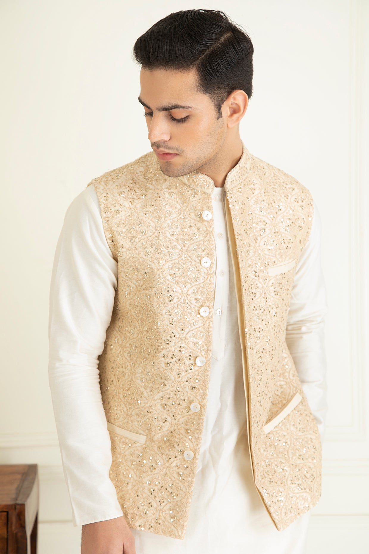 Beige Embroidered Jacket Set