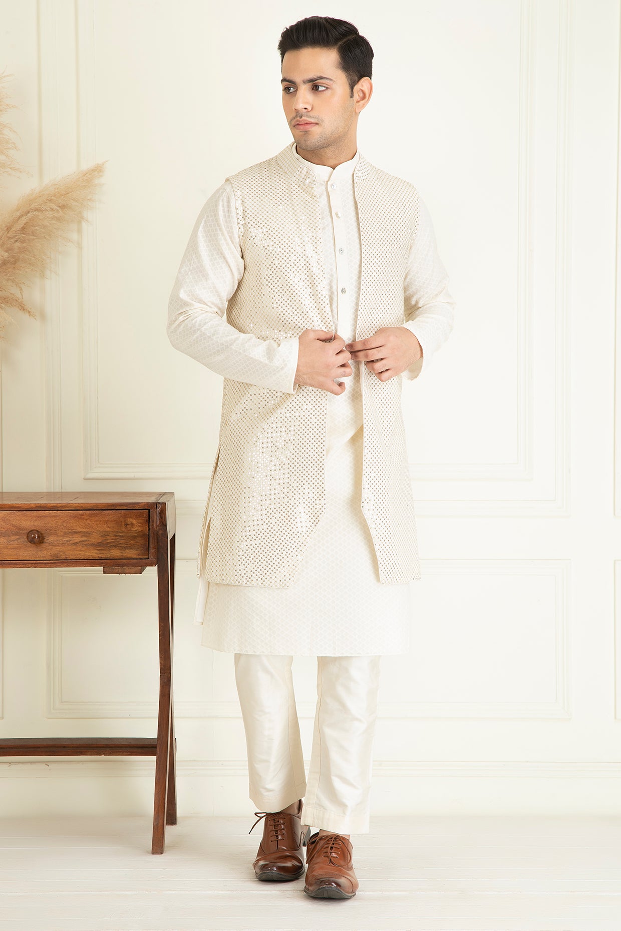 Ivory Sequins Embroidered Open  Jacket Set